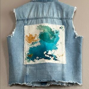 Karen Kane Women’s Custom Made Denim Vest Abstract Canvas Paint. Size Large.